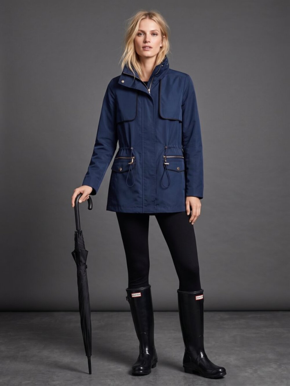 Mango Lady's M Navy Hooded Utility Light Jacket Gold Hardware